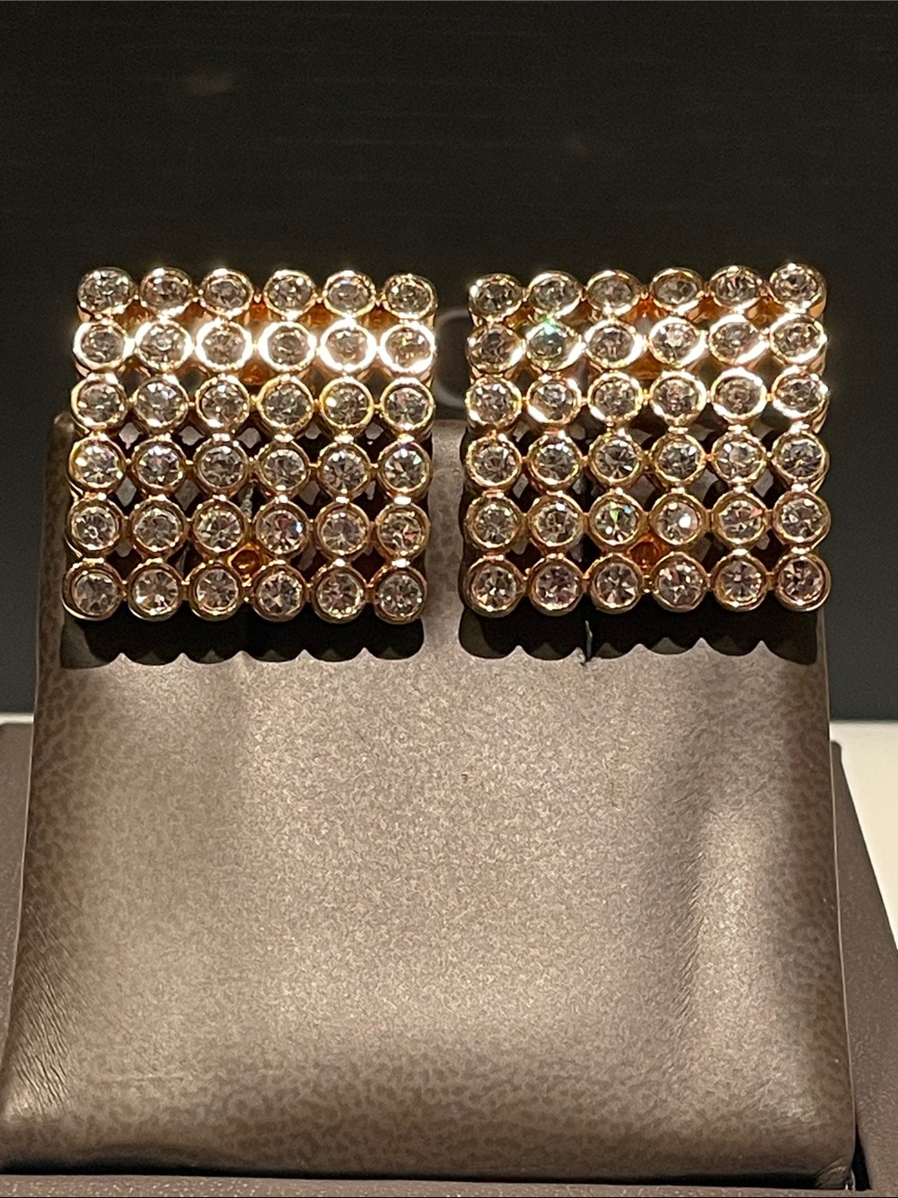 Vintage Gold-Tone Crystal Grid Square Clip On Earrings - Women Jewelry